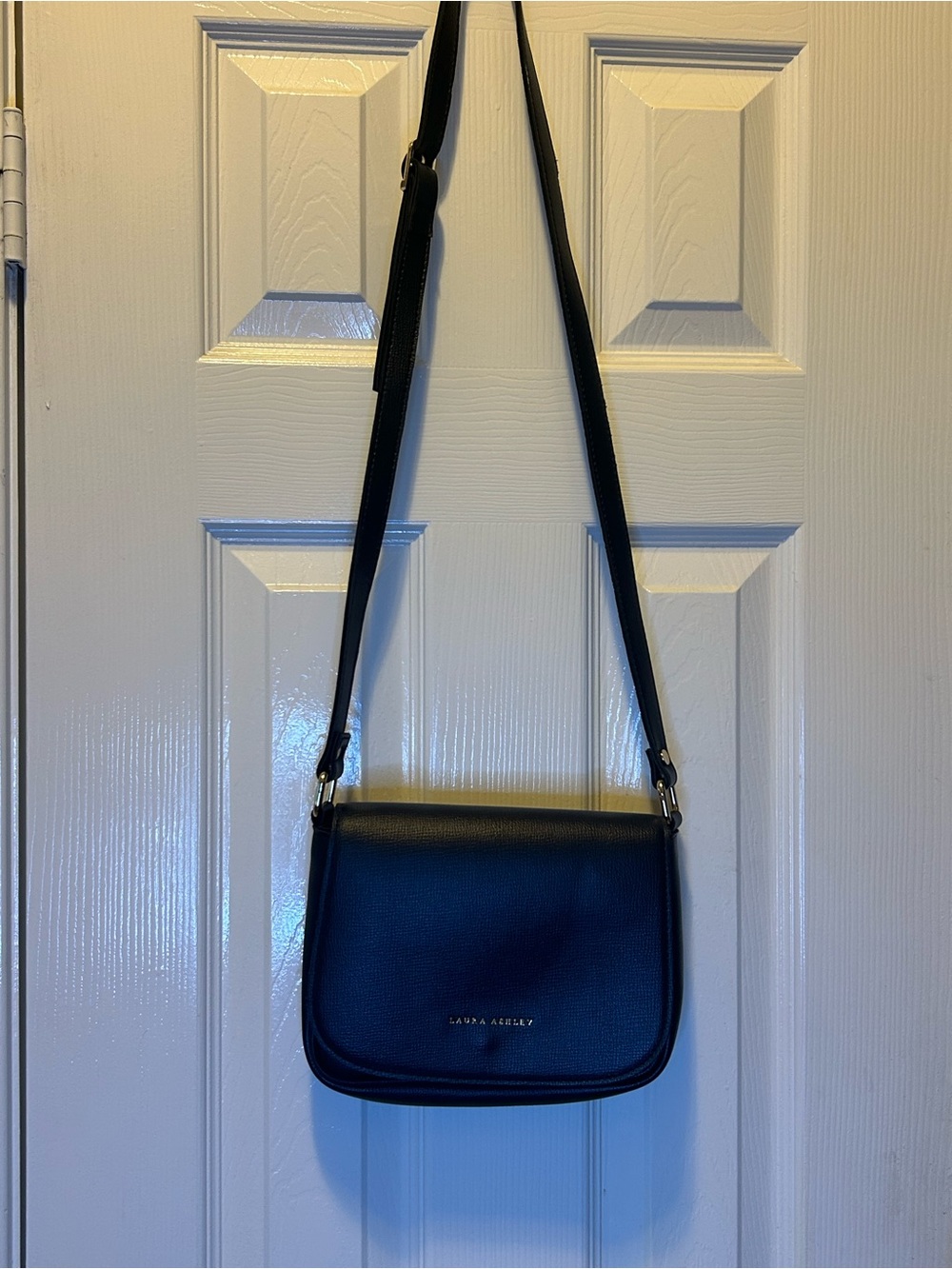 Laura Ashley Black Pebbled Leather Crossbody with Gold Accents